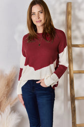 Hailey & Co Full Size Color Block Dropped Shoulder Knit Top - Stylish & Comfortable